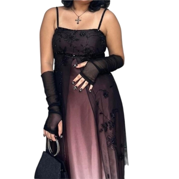 Y2k Vtg Empire Style Purple Ombre Lace/Beads Prom Evening Silky Slip Gown Sz 10 - Picture 5 of 16